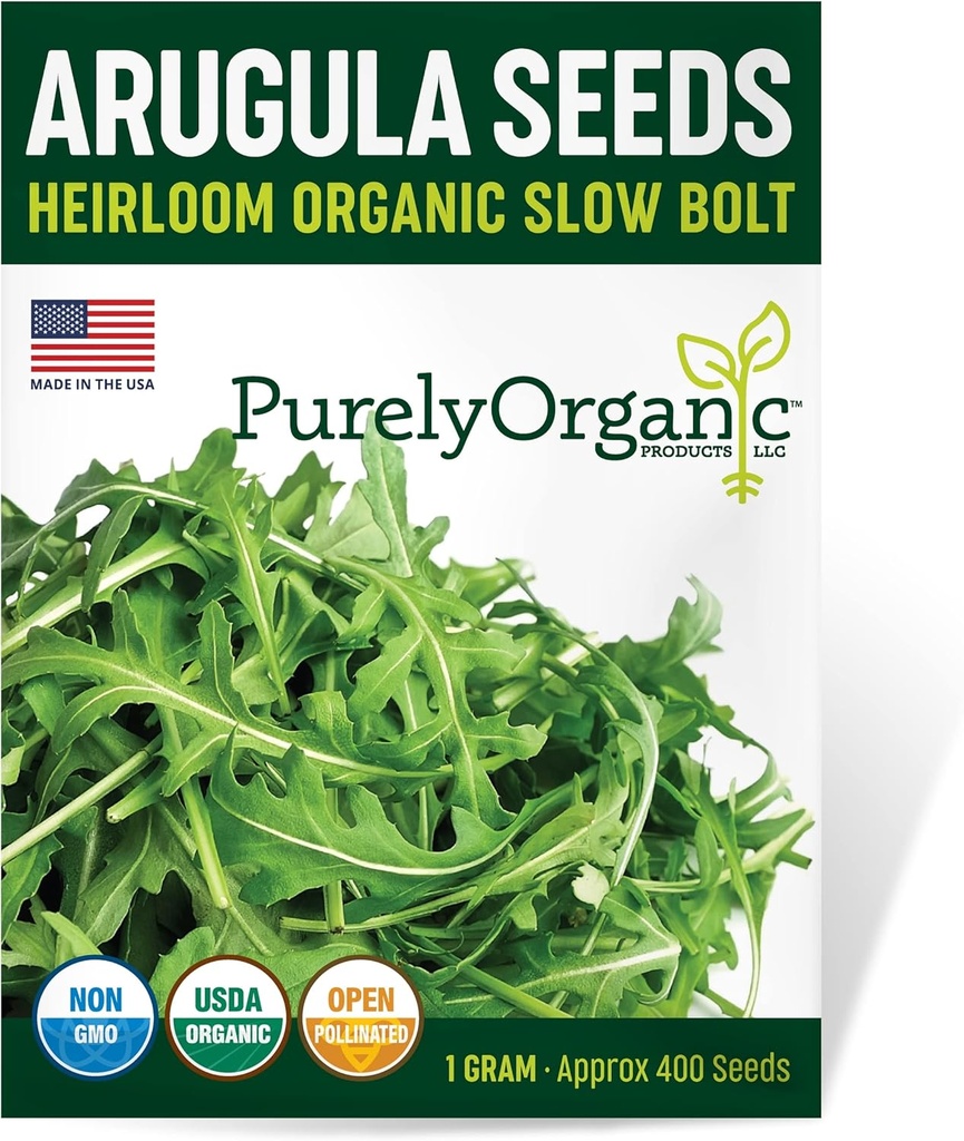Purely Organic Arugula Seeds (Slow Bolt) - Approx 400 Seeds - USDA Organic, Non-GMO, Open Pollinated, Heirloom, USA Origin