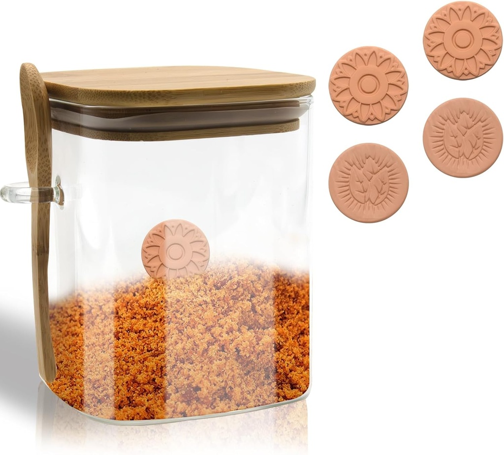 Brown Sugar Keeper Container, Glass Food Container with 4 Terra Cotta Brown Sugar Savers, Glass Container Lid and Spoon for Coffee/Nuts/Cookie/Candy/Tea/Airtight Kitchen Canisters Spice (850ml)