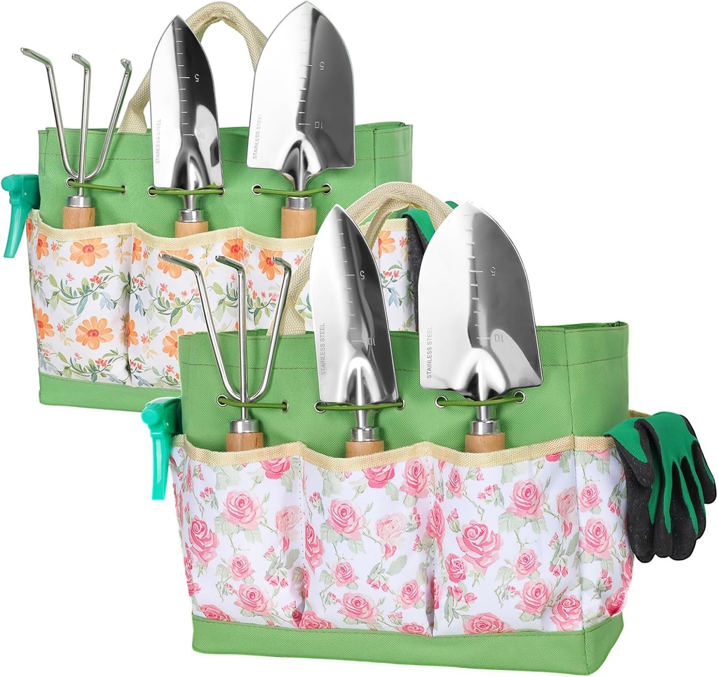 Garden Tool Set,10 Piece Garden Kit,Heavy Duty Stainless Steel Gardening Hand Tools with Durable Storage Tote,Gardening Gifts for Women Men Floral Pattern Design