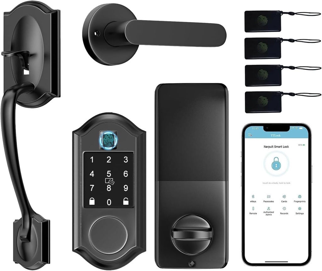 Smart Locks for Front Door, Keyless Entry Door Lock with Handle Set, Front Door Lock Set with APP Control, Fingerprint DoorLock with Deadbolt and Adjustable Lever, Matte Black