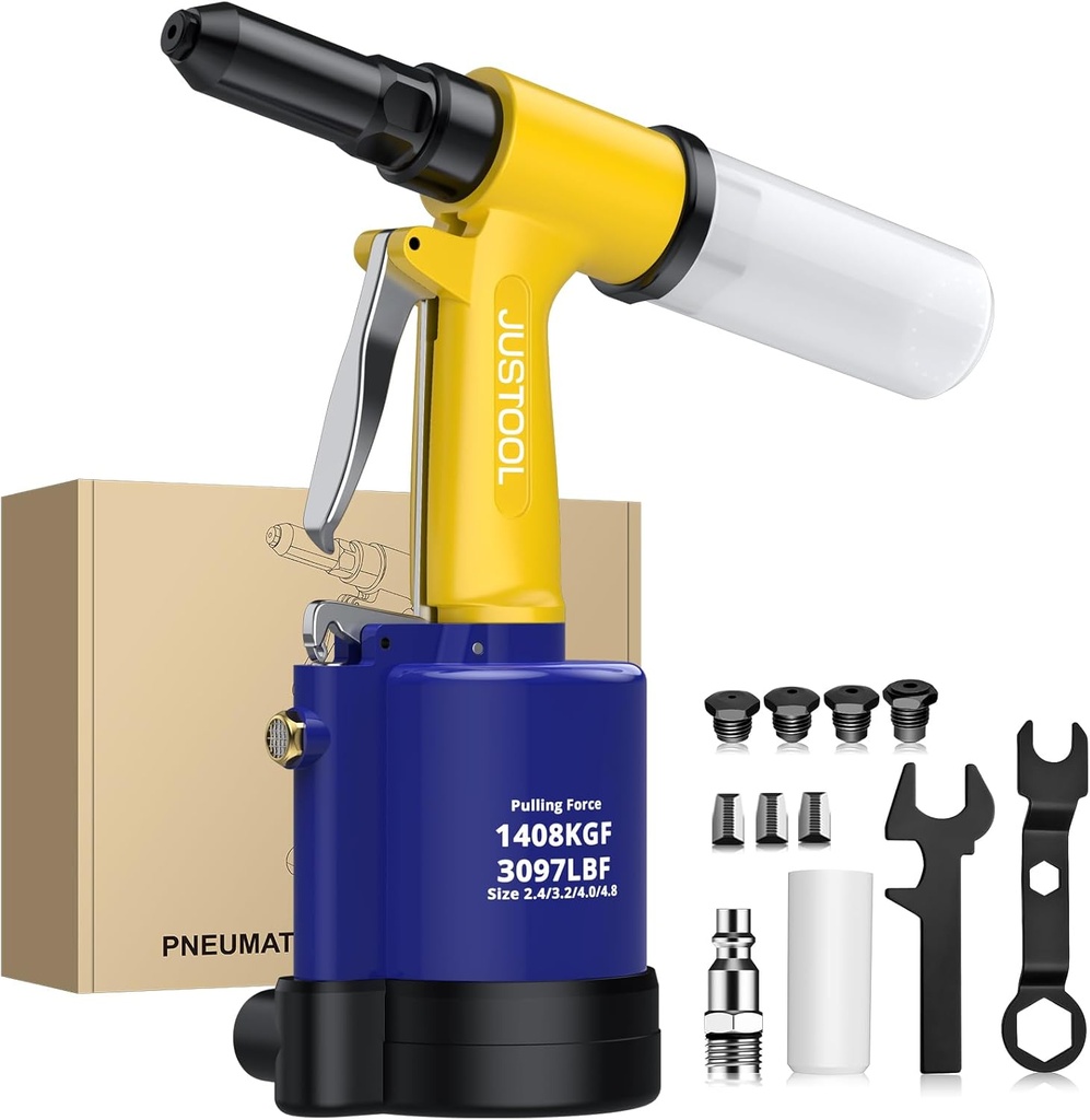 JUSTOOL Heavy Duty Pneumatic Rivet Gun 3097lbs Air Rivet Gun Set-3/32", 1/8", 5/32", 3/16" Air Riveter with NPT 1/4 inch Air Hydraulic Riveter for Automotive Construction Maintenance Industries & DIY