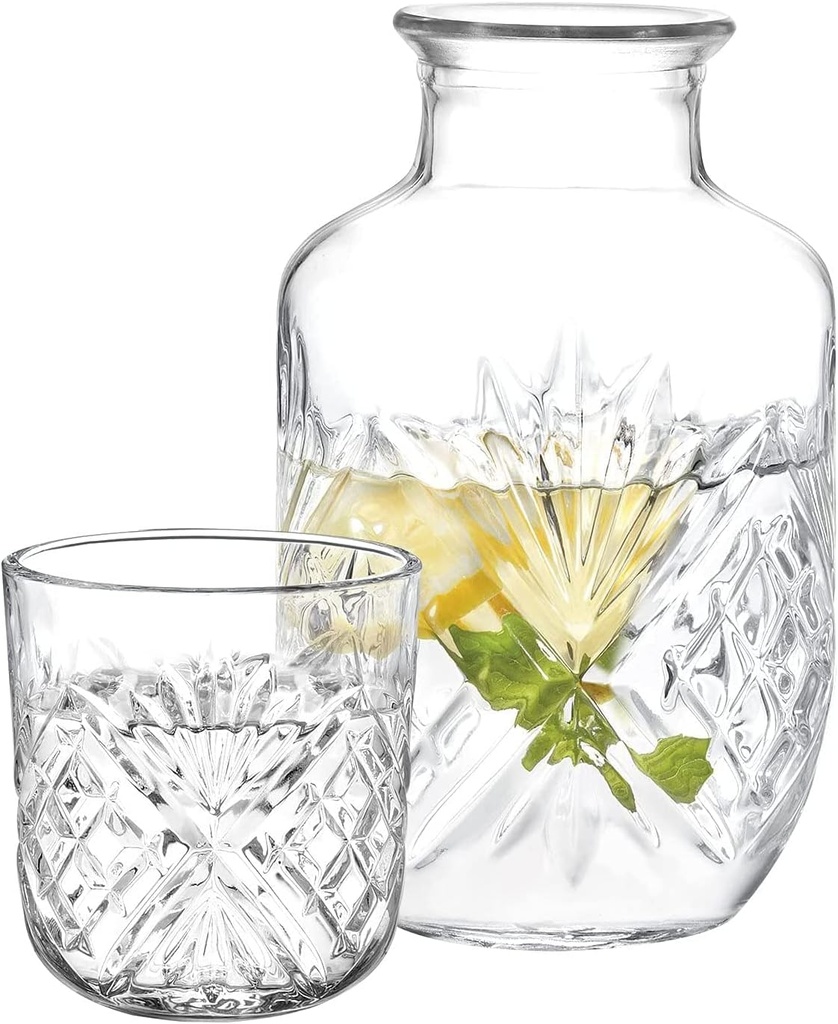 Crystal Bedside Carafe and Glass Set, Crystal Bedside Night Carafe Pitcher and Tumbler Glass Set, 2 Piece Water Pitcher And Cup Night Set (17.75 oz or 525 ml)