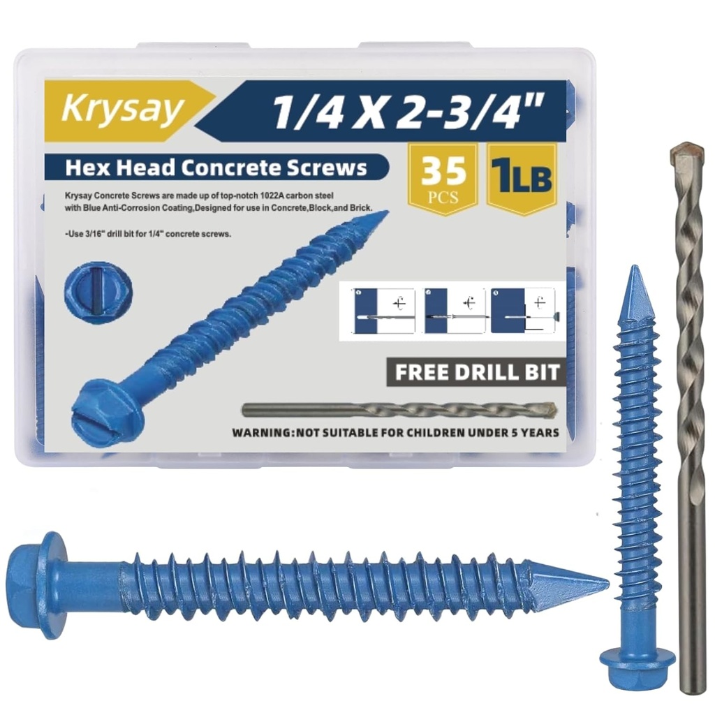 35Pcs 1/4 x 2-3/4 in Concrete Screws with Drill bits,Masonry Screws for Concrete Assortment Kit,Hex Head Block Cement Stacoo Screws and Anchors,Diamond Point,Blue Coated(1LB)