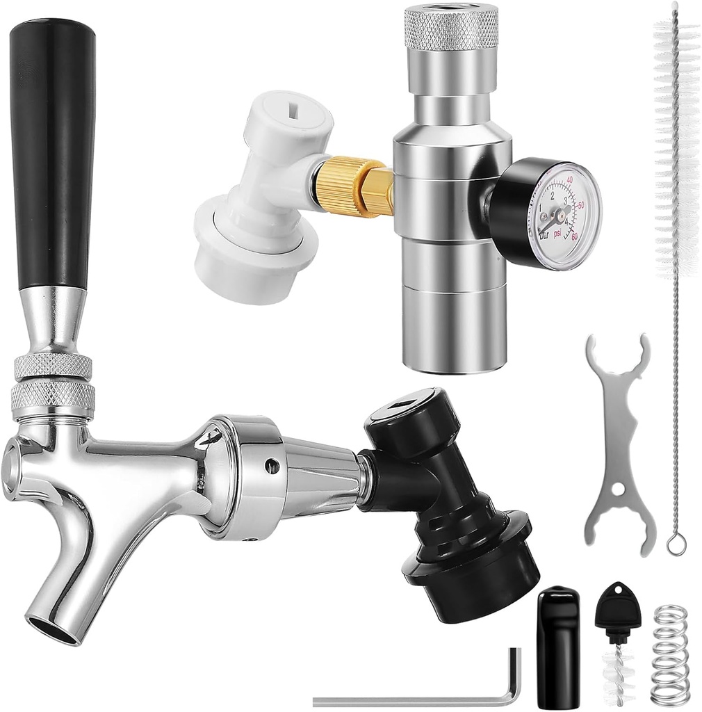 Ball Lock Keg Tap Faucet & Dual Hold Stable 0-60PSI CO2 Regulator Set, Stainless Steel Core Self-Closing Beer Faucet & Portable Beer Keg Regulator with Ball Lock Quick Disconnect for Homebrew