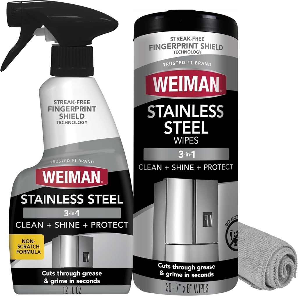Weiman Stainless Steel Cleaner Kit - Removes Fingerprints, Residue, Water Marks, and Grease