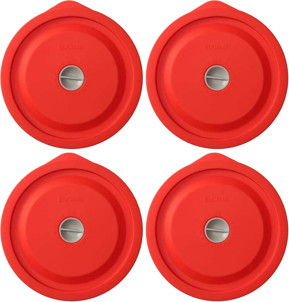 Replacement Lids for Pyrex 7200-PC 2 Cup, Silicone Round Storage Cover Lid for Anchor Hocking Glass Bowl 4 Pack with Date Mark Red