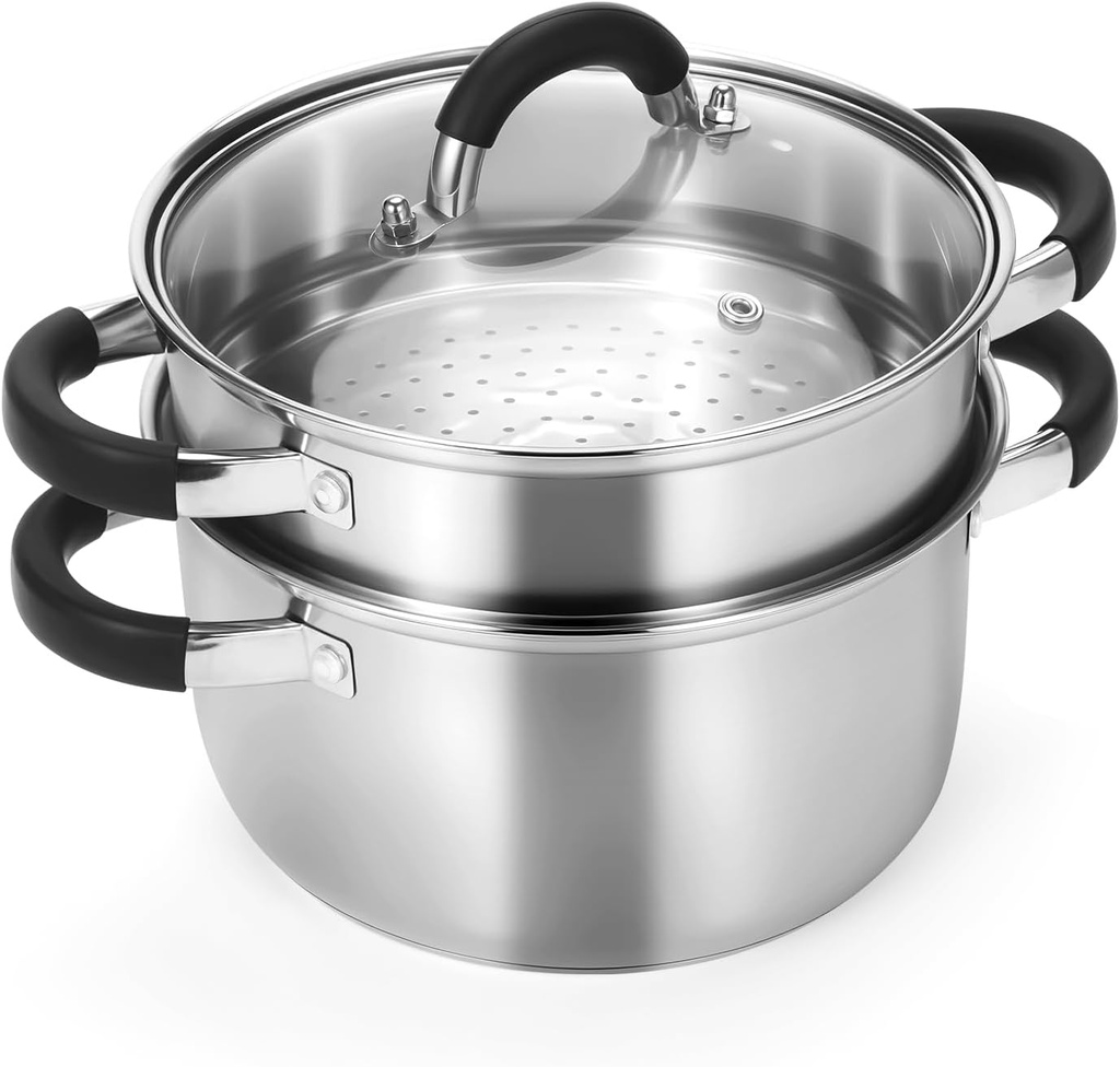Kirecoo 3.2QT Steamer for Cooking - Stainless Steel Steam Pot with Steamer Basket, Cooking Stock Pot with Silicone Handle, Lid for Vegetable, Dumplings, Soup, Food, 3Ply Bottom Boiling Stew Cookware