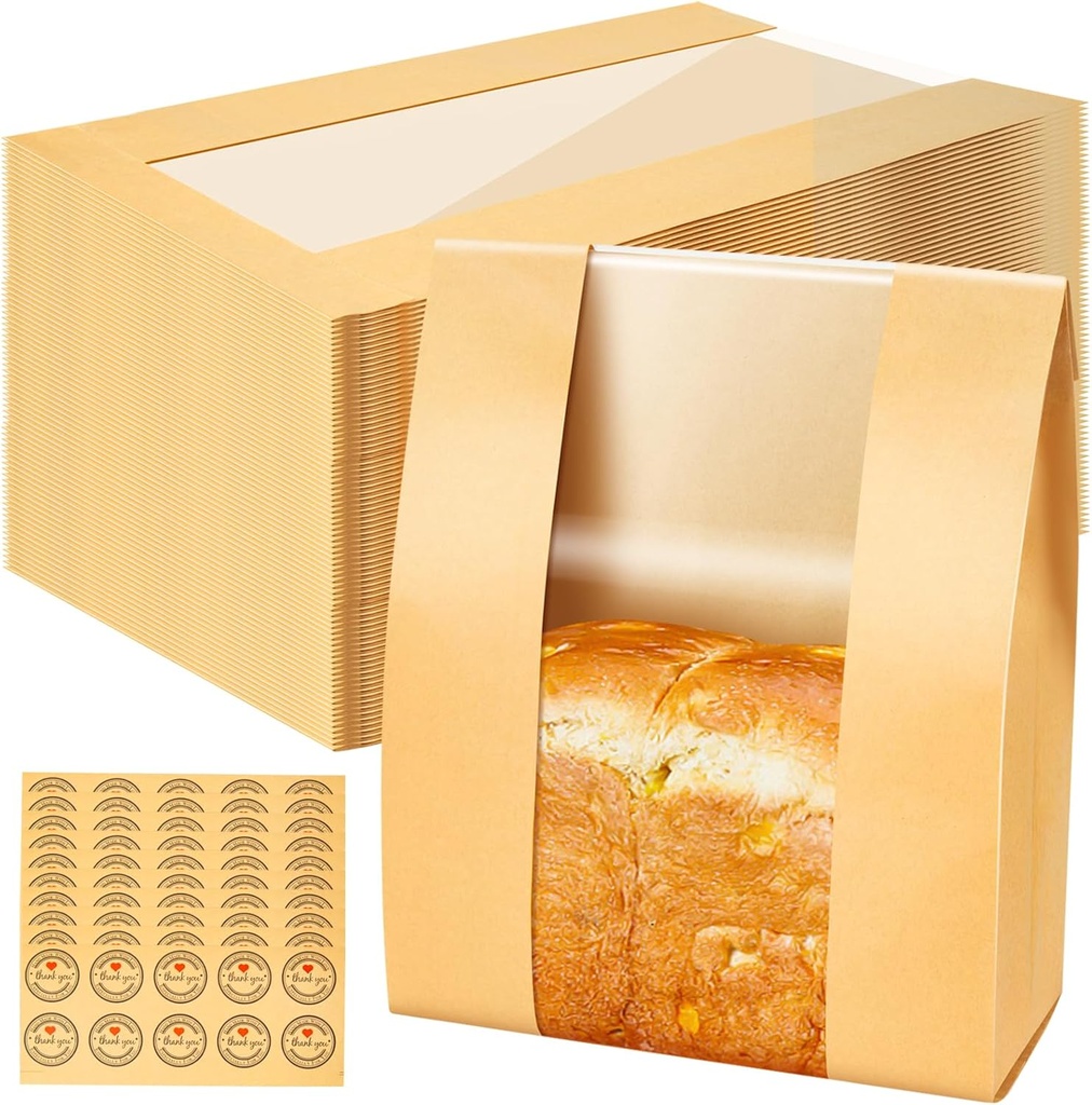 200 Pack Kraft Paper Sourdough Bread Bags, 14" x 8.3" x 3.5" Large Baked Food Storage Bag with Clear Window for Sourdough Homemade Bread, Brown Bread Packaging Bags with 200 Label Seal Stickers