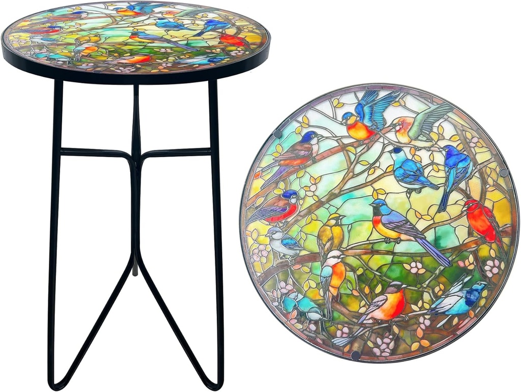 Mosaic Hummingbird Outdoor Side Tea Table, Glass Plant Tables Indoor Decorative Metal Patio Table, Round Outdoor Tables Unique Furniture - Weather-Resistant Patio Decor