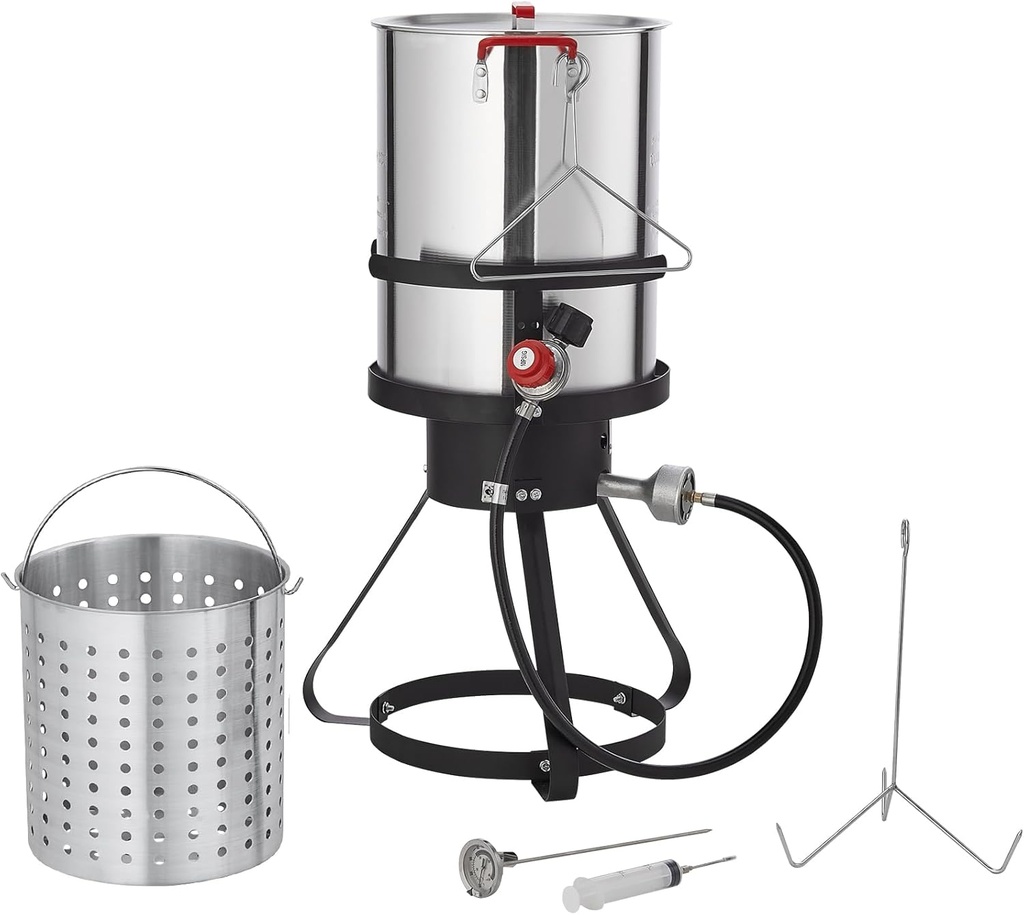 VEVOR Turkey Deep Fryer, 30-qt Turkey Fryer Boiler Steamer Cooker Set, Outdoor Aluminum Seafood Frying Pot, 54,000 BTU Burner Propane Gas Boiler, Includes Basket, Perforated Poultry Rack, Thermometer