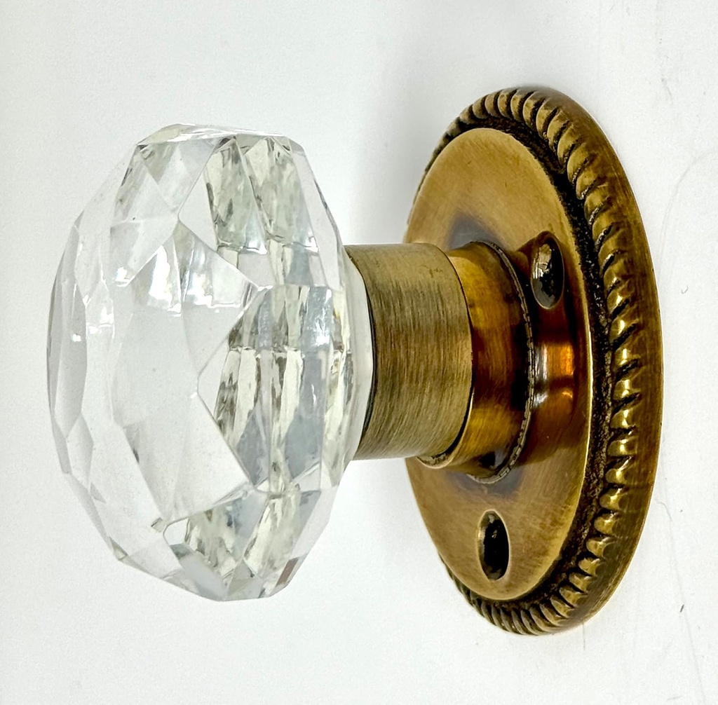 Crystal Door Knob with Faceted Diamond Shape Center, Antique Brass Base, 2"" Diameter, Clear, 0550L-PB-BP-r