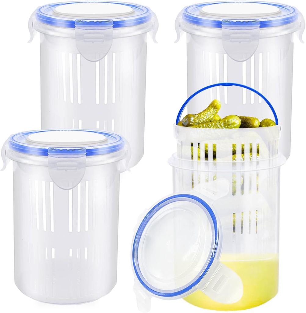 4 Pcs Pickle Container with Strainer,24 oz Pickle Jar with Leak Proof and Lock It Lid,Pickle Holder Keeper Lifter for Olive Jalapeno Juice Food Storage