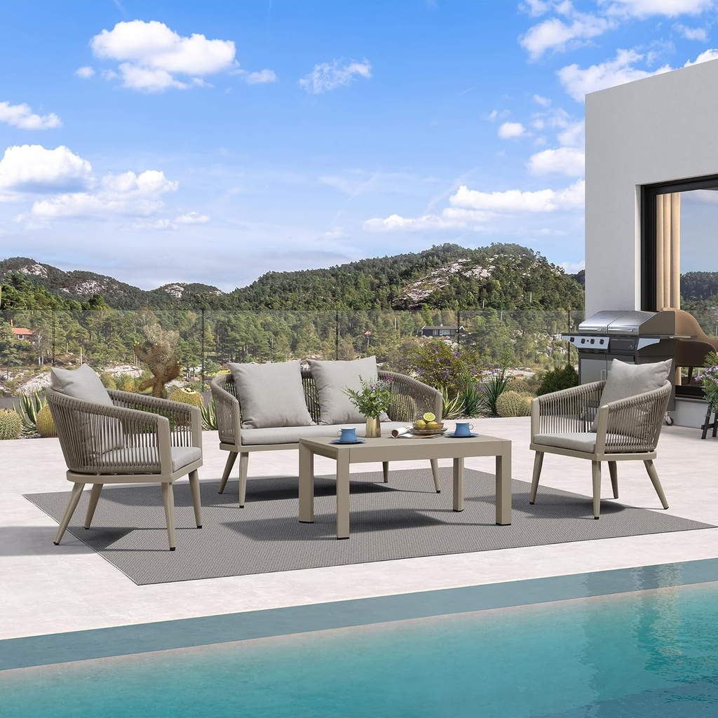 PURPLE LEAF 4-Piece Wicker Patio Conversation Set Aluminum Rattan Sofa Patio Furniture Set with Cushions and Coffee Table for Garden Backyard Champagne