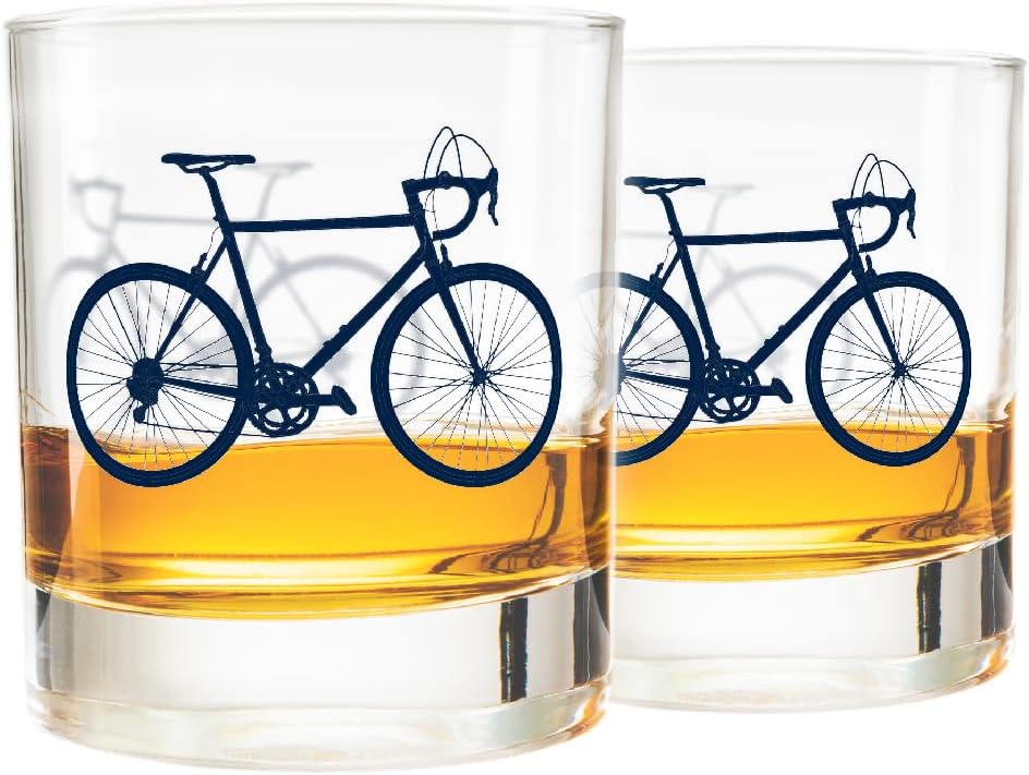 Greenline Goods – Bicycle Whiskey Glasses (Set of 2) |10 oz Tumbler Gift Set with Colorful Cyclist Designs | Unique Gifts for Cyclists & Bike Riders [Navy]