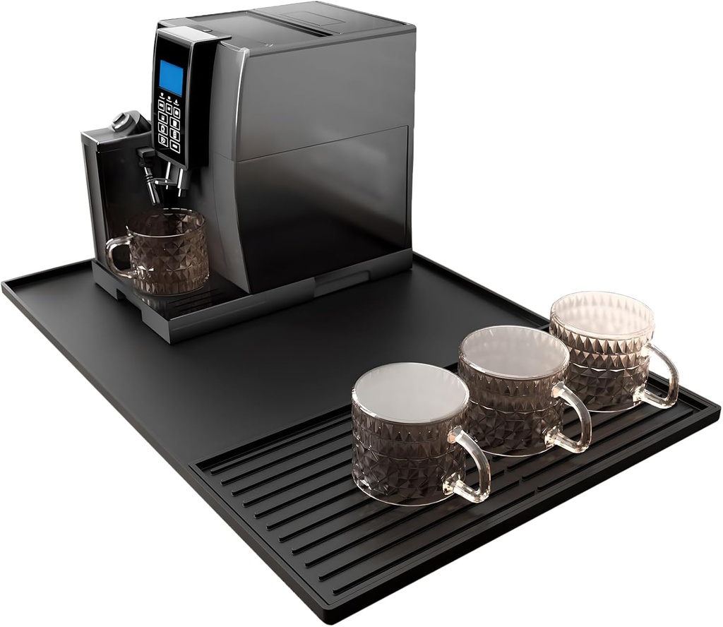Silicone Coffee Mat for Countertop, 24''x16'' Large Coffee Bar Mat Spill Mats with Raised Edges, Coffee Bar Accessories Waterproof Coffee Maker Mat with Detachable Dish Drying Mats (Black)