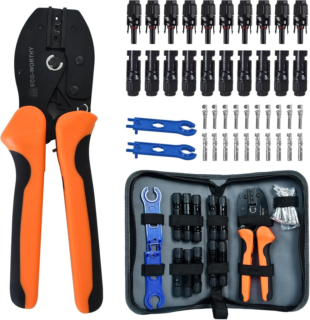 ECO-WORTHY Solar Crimper Tool Kit 13 PCS Solar Tools - a Crimper, 10 Pairs of Solar Connectors, 2 Pairs of Solar Connector Spanner Wrench for Solar Panel Cable Assembly and Installation