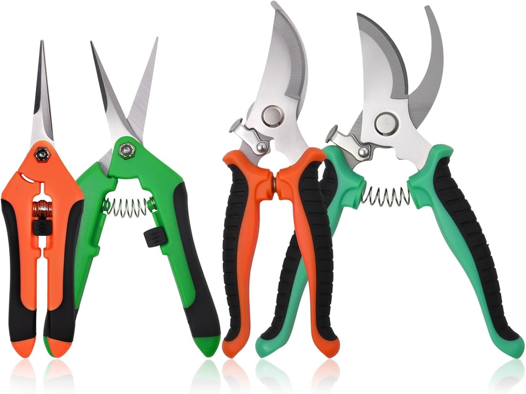 4 Pack Garden Pruning Shears Trimming Scissors, 6.5" Small Garden Snips with Super Slim Straight Tip & Curved Blade, Stainless Steel Precision Hand Pruner Clippers for Plants, Flower, Buds