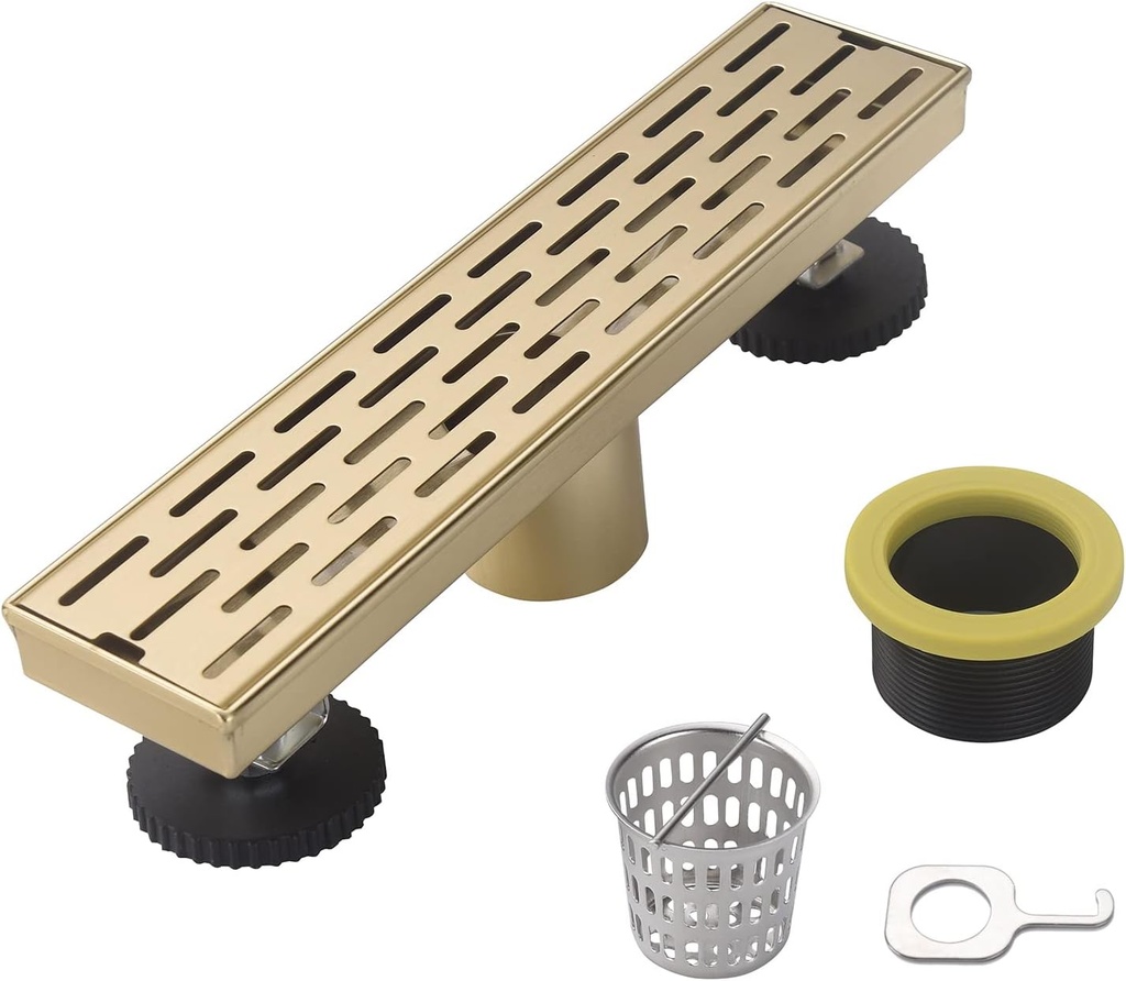 Linear Shower Drain 12 Inch Brushed Gold,Rectangular Shower Drain Cover Hair Catcher,304 Stainless Steel Brass Finish Removable with Adjustable Horizontal Foot Thread Adapter (Brushed Gold)