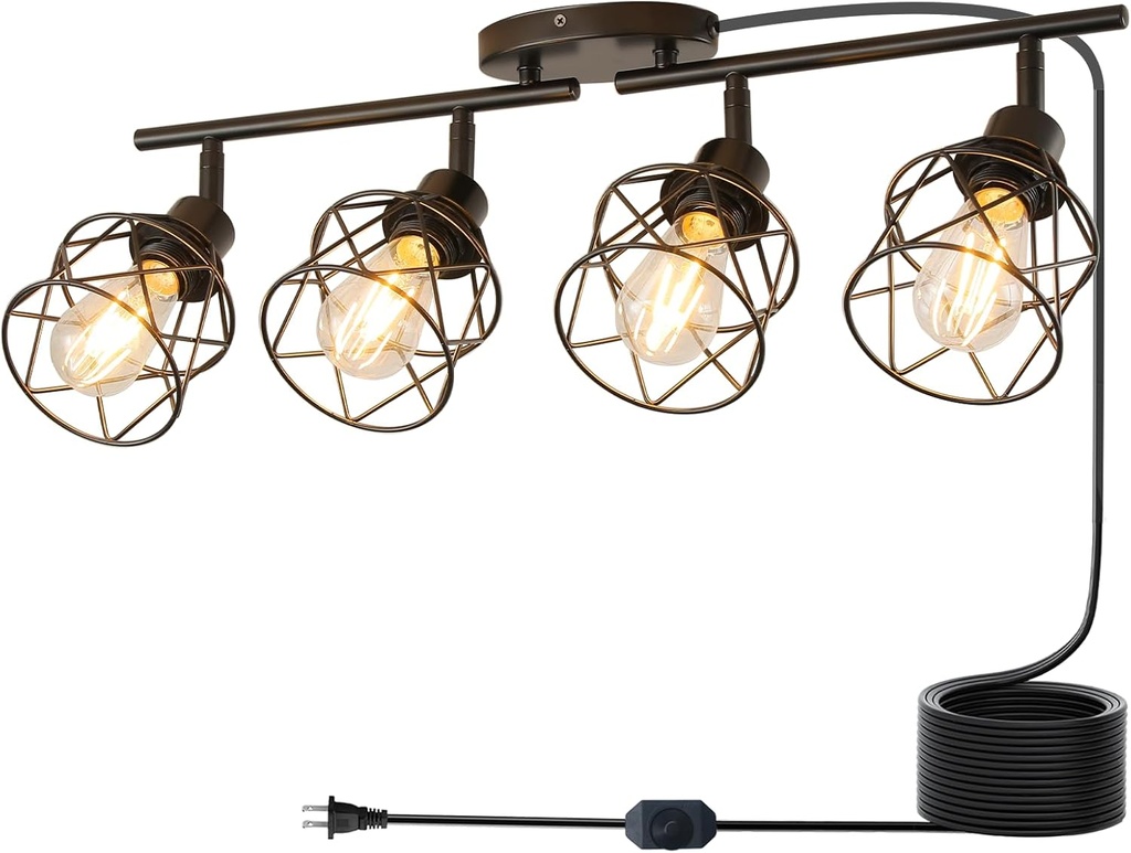 Dimmable 4 Light Plug in Ceiling Light,Black Plug in Track Lighting Kit with 16.5' Cord,Flexibly Rotatable Light Head,Modern Industrial Farmhouse Style(Bulbs Not Included)