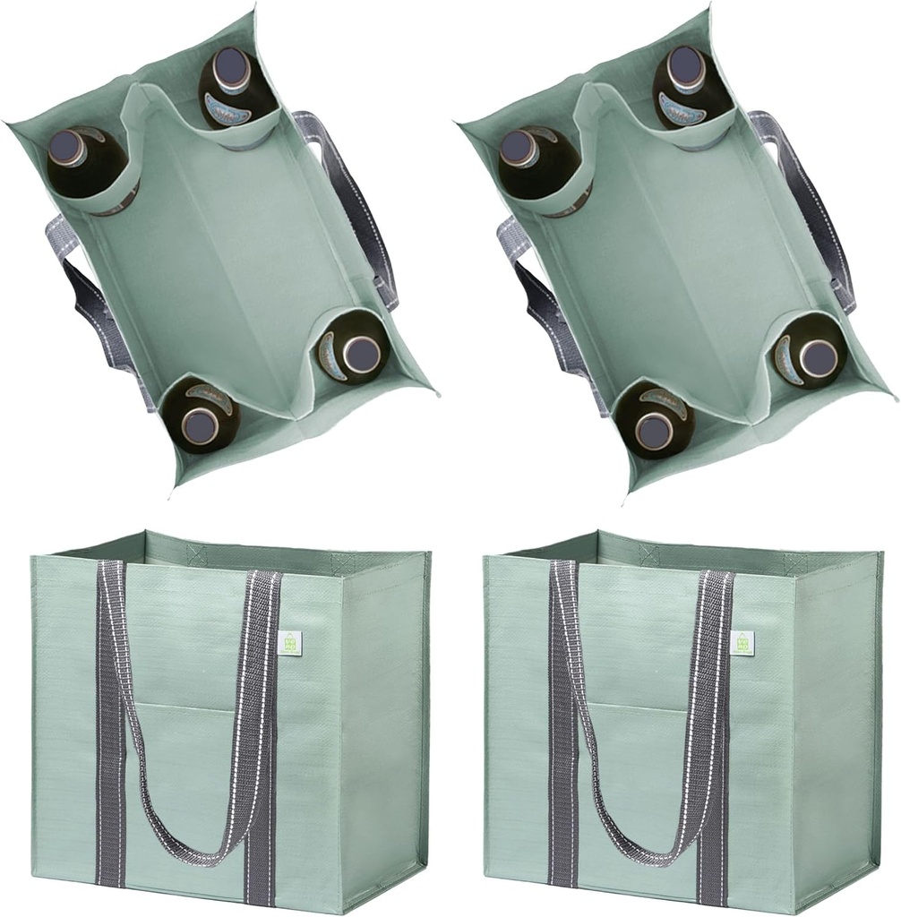 VENO 4 Pack Large Reusable Grocery Shopping Bags, Tote Bag w/ 4 Pockets & Hard Bottom, Heavy Duty Wine Carrier - Green