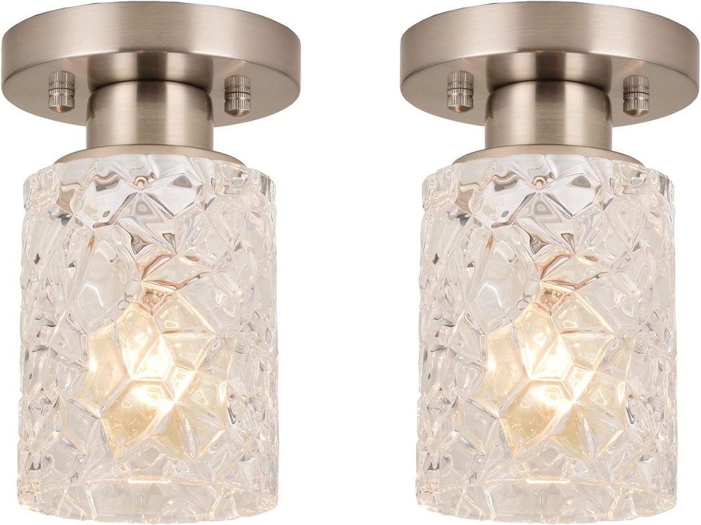 ALICE HOUSE 2 Pack Semi Flush Mount Ceiling Light, Clear Geometric Glass Shade, Brushed Nickel Farmhouse Light Fixture for Hallway, Laundry Room, Kitchen,Bathroom and Foyer AL9082-S2