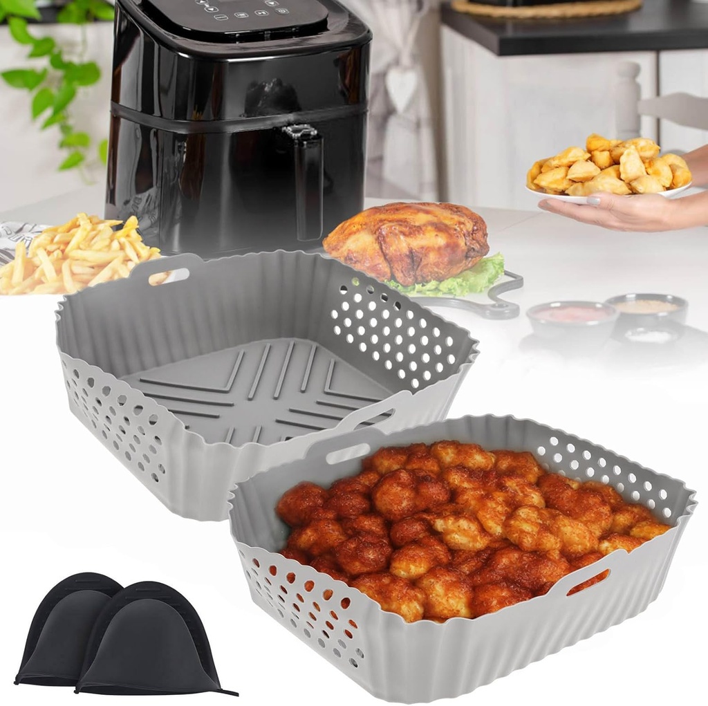 Air Fryer Silicone Liners 2Pcs, Square Airfryer Liners with Oven Gloves, Reusable Silicone Air Fryer Baskets, Air Fryer Accessories Fit for Ninja SL401 /DZ201 / DZ401 / DZ550,Air Fryer Baking Inserts