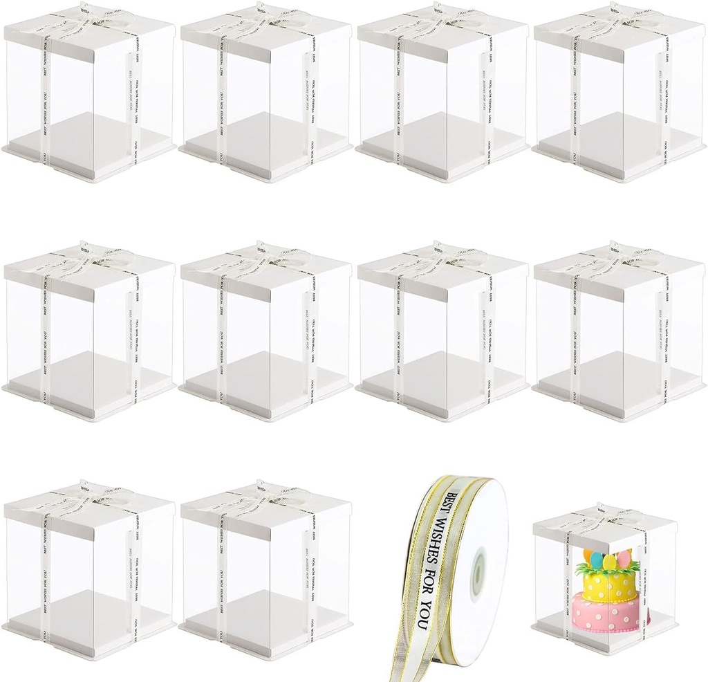 Haploon 10 Pcs 7x7x8 Inch Clear Cake Box,Cake Packaging Boxes Tall Cake Box with Lids & 148ft Ribbon for 4-Inch Double Layer and Tier Cakes