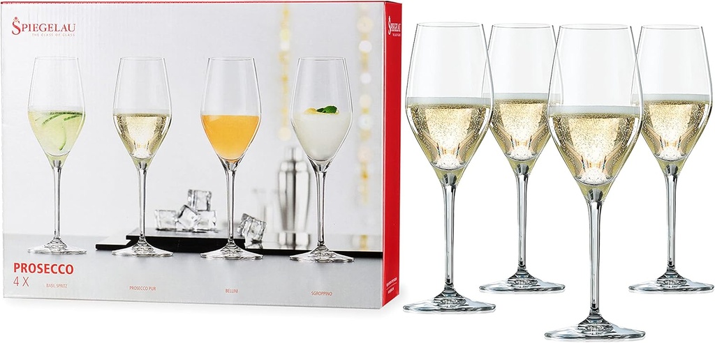 Spiegelau Prosecco Sparkling Wine Glasses, Crystal Clear Champagne Glasses, Elegant Long Stem Glassware for Wedding Gifts, Anniversary Celebrations, Housewarming, Dinner, Bar Cart, 9.1 oz, Set of 4