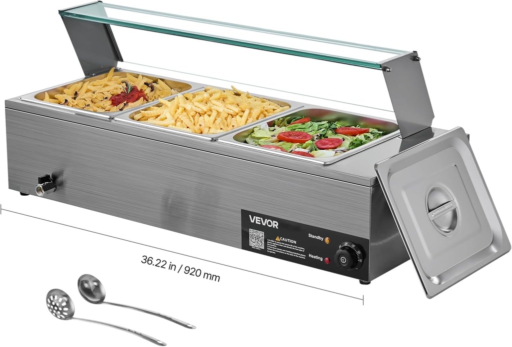 VEVOR Commercial Food Warmer, 1500W Electric Stainless Steel Steam Food Warmer with Glass Cover, 3-Pan Countertop Buffet Bain Marie with Soup & Perforated Ladles, for Catering, Restaurant & Party