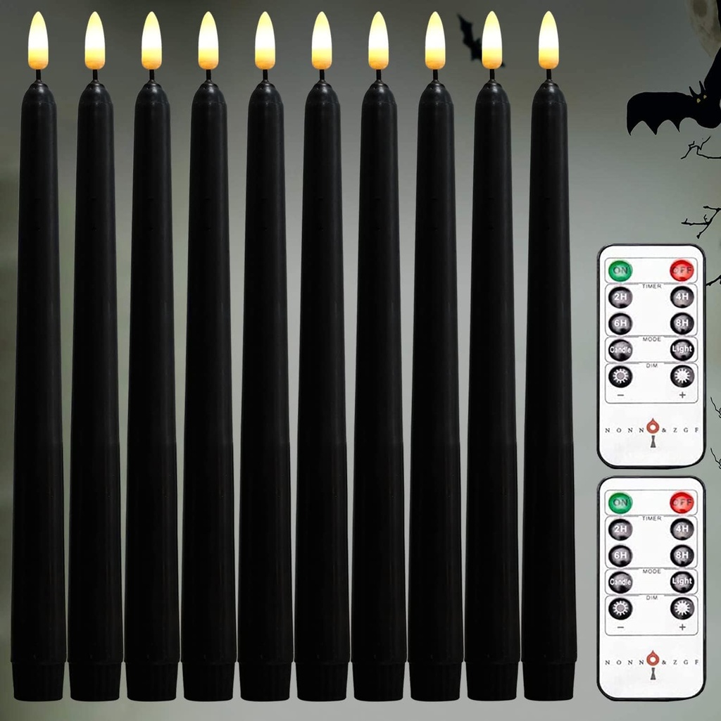 NONNO & ZGF 10 Pack Black 11'' LED Wax Covered Taper Candles with 2 Remote Control, Flameless Battery Operated Decor Candle, Warm White LED