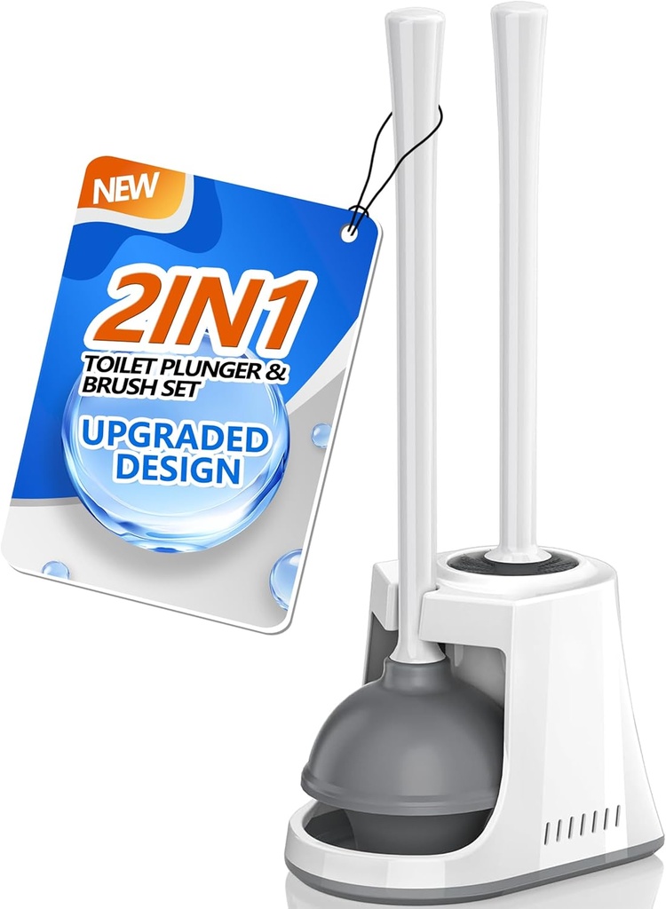 Toilet Plunger and Brush with Holder, Bowl Brush and Heavy Duty Toilet Plunger Set with Ventilated Holder, 2-in-1 Toilet Brush and Plunger Combo for 5.3-inch Toilet Drain New Pack (White, 1)