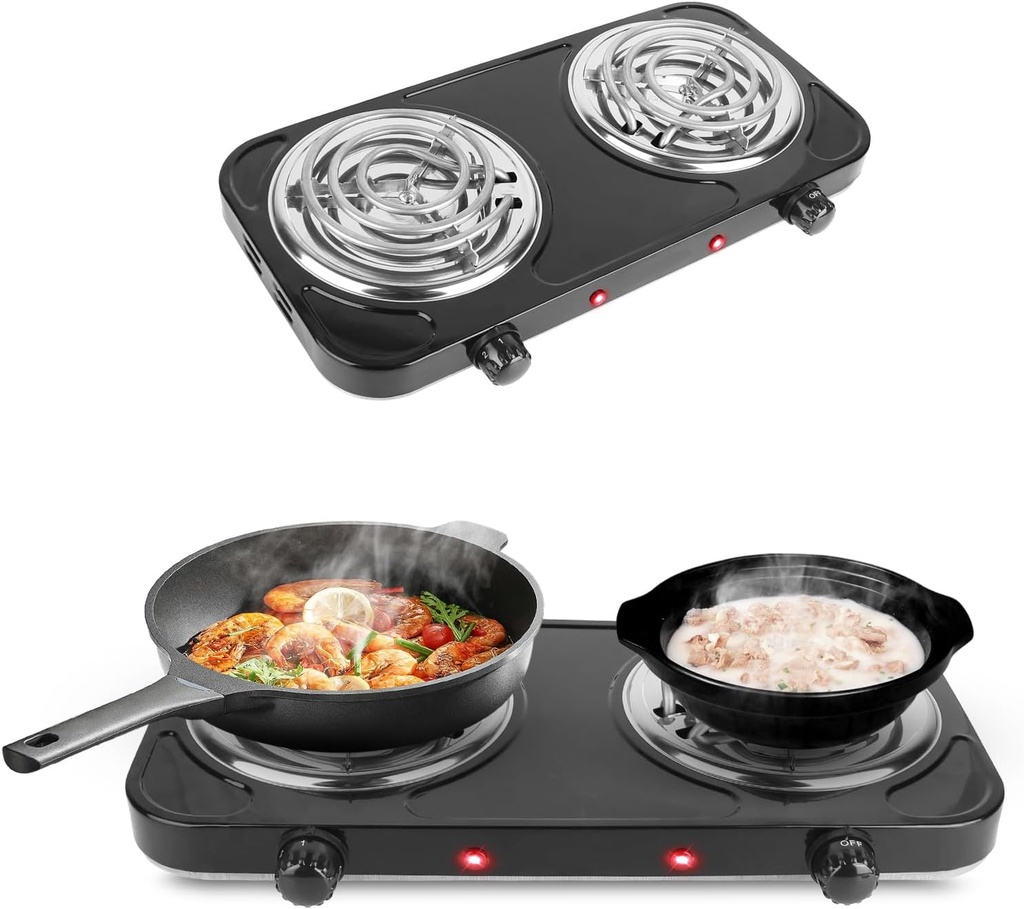 Electric Hot Plate,2000W Portable Electric Stove Countertop Double Coil Burners W/Dual Control&5 Level Temperature Control, Easy to Clean,Lightweight Cast Iron Countertop Stove for Home Camp RV 110V