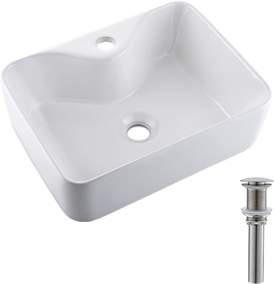 White Rectangle Ceramic Bathroom Vessel Sink - Dorzom 16x12x5 Inch Ceramic Art Basin Bathroom Sink with Brushed Stainless Steel Pop Up Drain HA001X-1612L