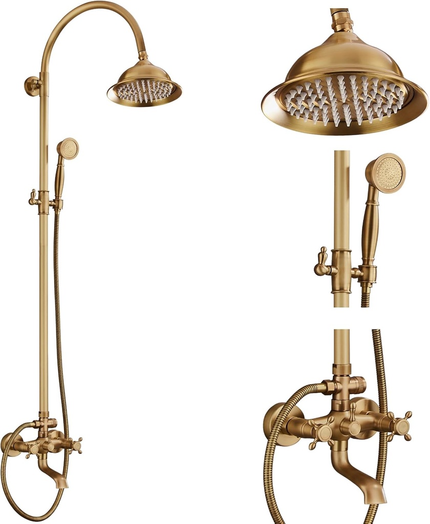gotonovo Bathroom Classic Exposed Shower Faucet Wall Mount Shower System 8 Inch Luxurious Rainfall Shower Head Set with Tub Spout and Handheld Spray Double Cross Handles Antique Brass