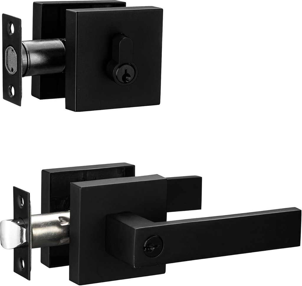 Berlin Modisch Contemporary Square Entry Lever Door Handle and Single Cylinder Deadbolt Locking Lever Handle Set [Front Door or Office] Right & Left Sided Doors Heavy Duty – Iron Black Finish