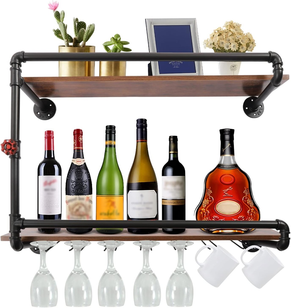 CNCEST 2 Tiers Industrial Pipe Shelf Wine Racks with 7 Stem Glass Holder, Rustic Metal Floating Bar Shelves Wall Mounted Steampunk Pipe Shelving Wood Shelves Farmhouse Wall Shelf Kitchen Wine Holder