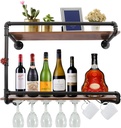 CNCEST 2 Tiers Industrial Pipe Shelf Wine Racks with 7 Stem Glass Holder, Rustic Metal Floating Bar Shelves Wall Mounted Steampunk Pipe Shelving Wood Shelves Farmhouse Wall Shelf Kitchen Wine Holder
