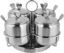 Stainless Steel Revolving Spice Jar Set with Rack, 12oz/350 ml Set of 4 Condiment Jar Canisters Pots Spice Container with Lids & Spoons Seasoning Box Bottle Salt Sugar Bowl for Home Kitchen
