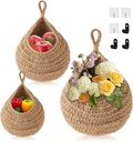 Hanging Fruit Baskets for Kitchen 3 Pack, Boho Wall Hanging Basket, Handwoven Hanging Holder with Hooks, Teardrop Home Produce Decor Basket for Fruits Vegetable Potato Onion Storage