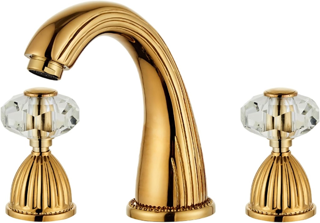 Gold Bathroom Faucet Antique Brass Three Holes Widespread Crystal Handle Bathroom Sink Faucets Retro Vintage Lavatory Vanity Faucet