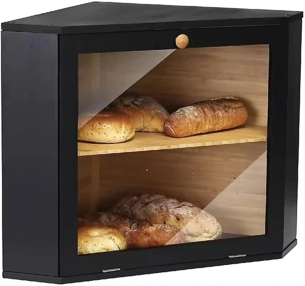 Corner Bread Bin, 2 Tier Wooden Bread Box for Kitchen Countertop, Large Bamboo Storage Container with Clear Window, Farmhouse Style Pantry Organizer