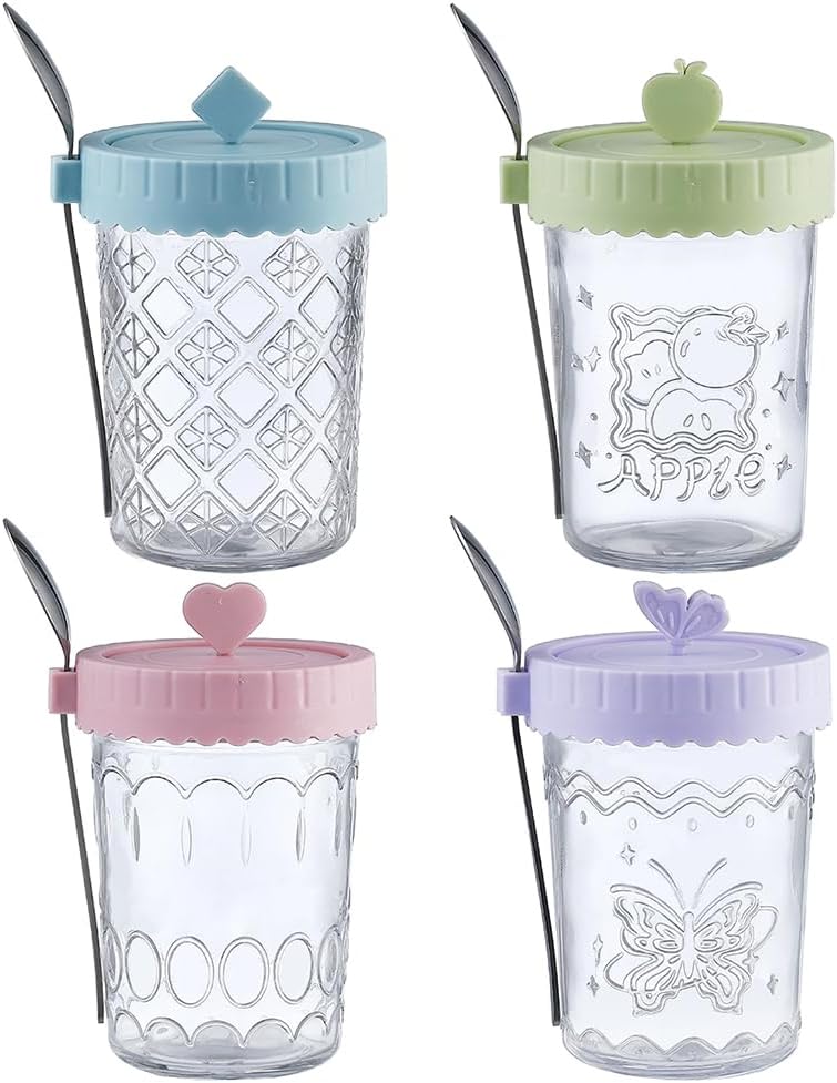 20 OZ Overnight Oats Containers With Lids and Spoons, 4-Pack Glass Mason Overnight Oats Jars, Wide Mouth Mason Jars,Glass Meal Prep Salad Cereal Storage (4 colour)