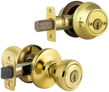 Kwikset Tylo Keyed Entry Knob and Single Cylinder Deadbolt Combo Pack, Featuring Microban, in Polished Brass