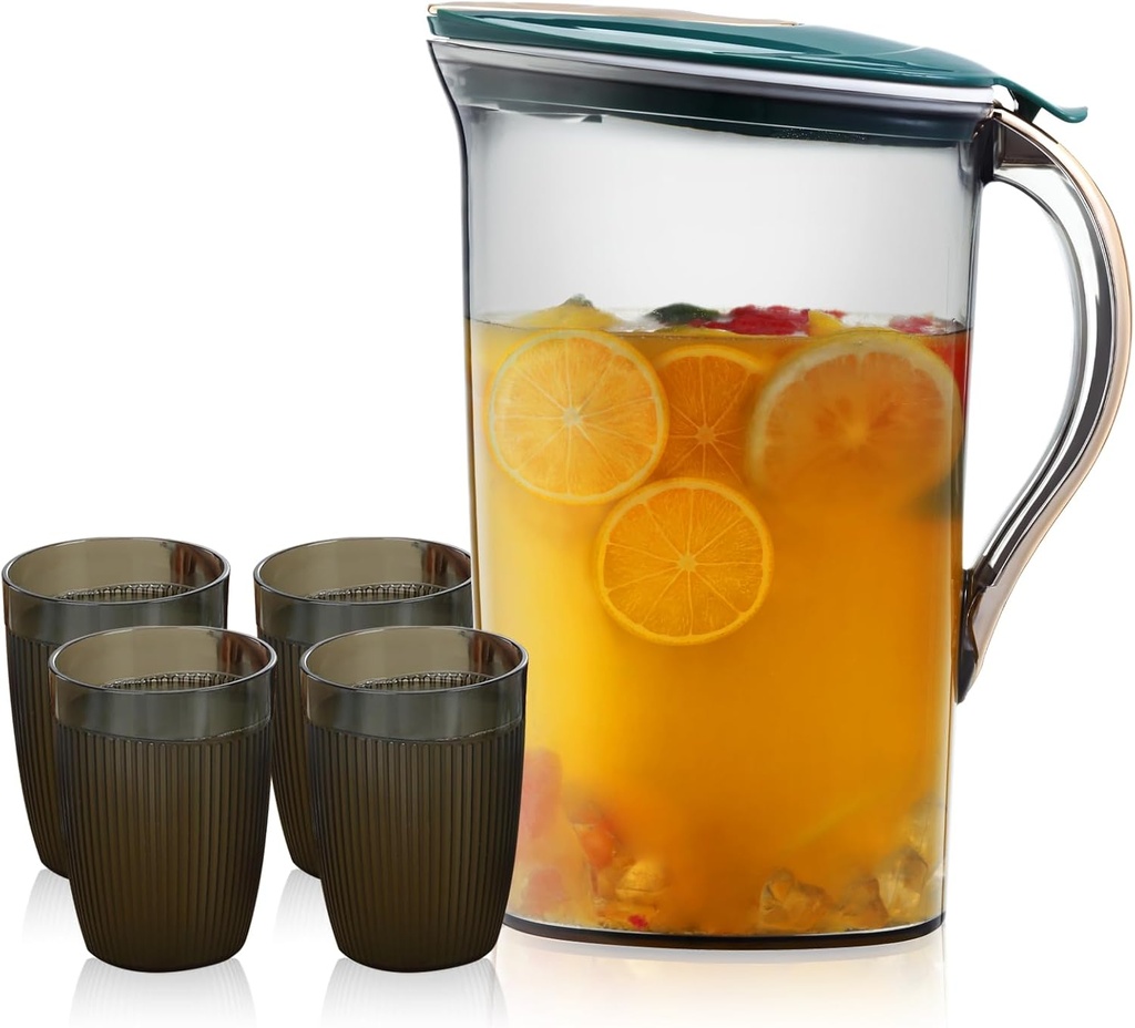 2.1 Liter/70.6 oz Plastic Water Pitcher with Lid - Iced Tea Pitcher for Fridge and 4 Cups, BPA Free, Shatterproof, Great for Iced Tea, Lemonade, Juice, Green
