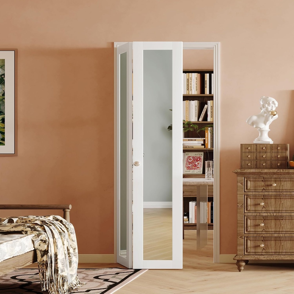 180 Degree Bifold Door, for 36″x 80″ Door Openings, White 1-Lite Mirrored Folding Door with Hinges Hardware Set, Full Access Bifold Closet Doors Perfect for Room Dividers