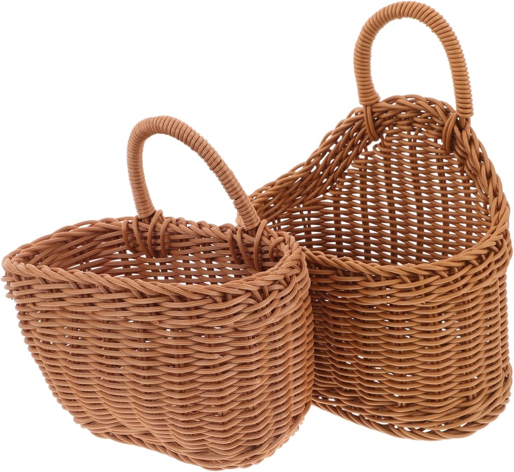Kisangel 2pcs Vintage Faux Rattan Wall-Mounted Storage Basket Small Hanging Organizer for Garlic Ginger and Kitchen Supplies Easy Installation and Versatile Use