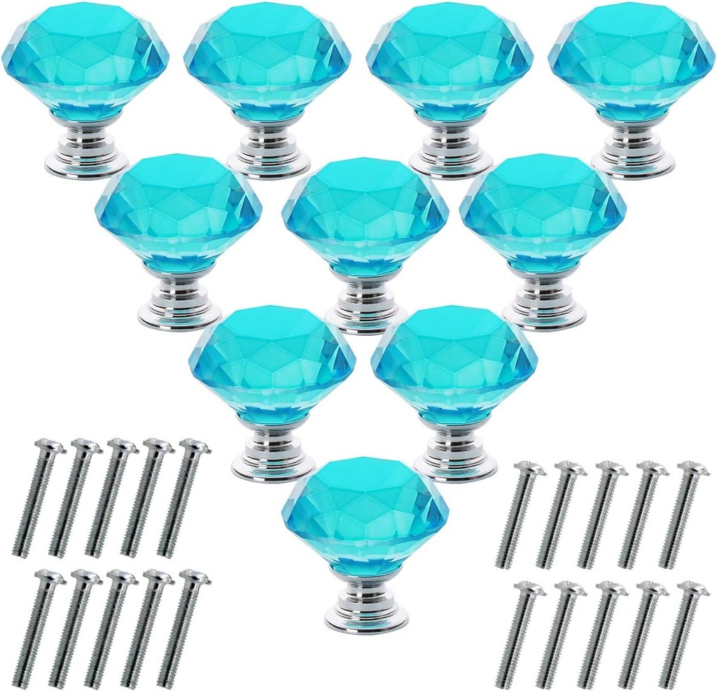 Akstore 10 Pcs Crystal Glass Cabinet Knobs 30mm Diamond Shape Drawer Kitchen Cabinets Dresser Cupboard Wardrobe Pulls Handles (Sky Blue)