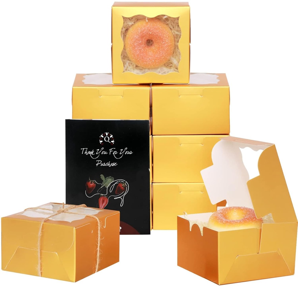 Bakery Box with Window 4*4*2.5inch/55Packs Gold Macaron Boxes Small Donut Pastry Boxes for Party Mini Cookie Boxes qiqee(5 Diferent Gift Include)