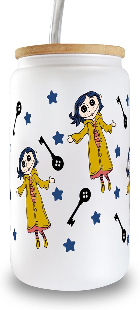 Sip-Sip Hooray! Button Doll Frosted 16oz Glass Can Cup with Lid and Straw, Custom Sipper Iced Coffee Tumbler, Cute Beer Soda Glass, Unique Gift for Her, Aesthetic Drinkware