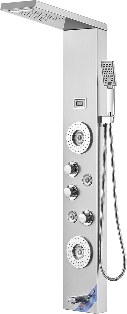VEVOR Shower Panel System, 6 Shower Modes, LED & Display Shower Panel Tower, Rainfall, Waterfall, 4 Body Massage Jets, Tub Spout, Handheld Shower Head 59" Hose, Stainless Steel Wall-Mounted Shower Set